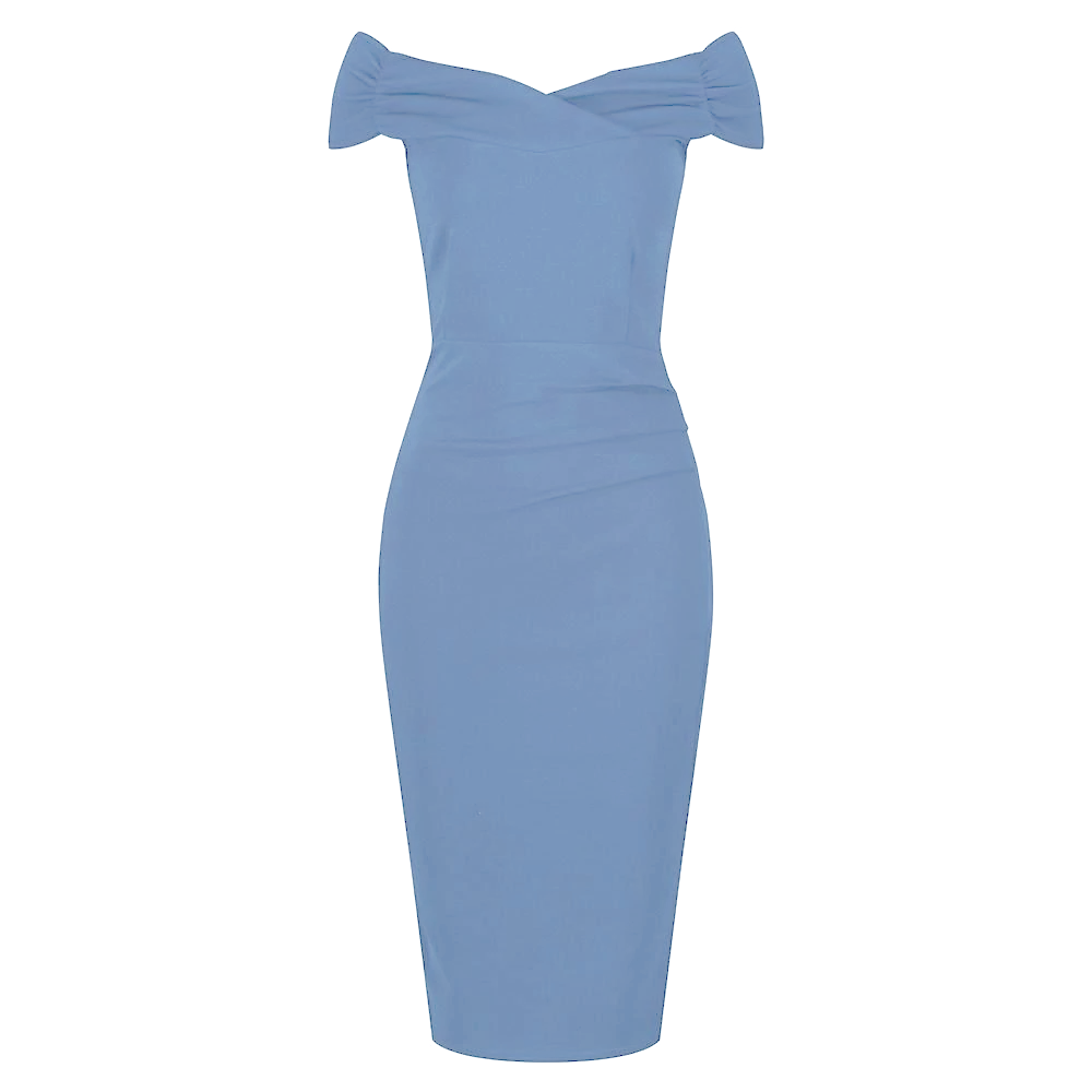 Pretty Blue Cap Sleeve Crossover Top Bardot Wiggle Pencil Dress