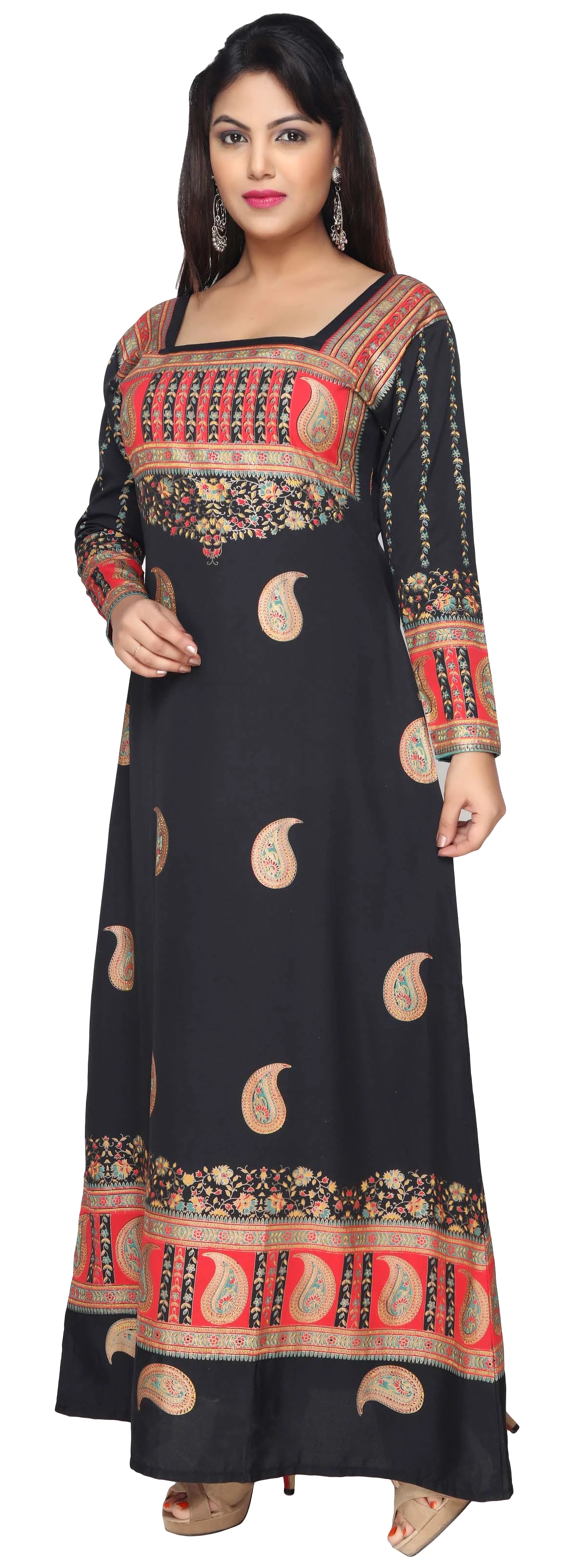 Printed Long Sleeve Kaftan Tunic Long Maxi Dress Women's Abayas (Black)