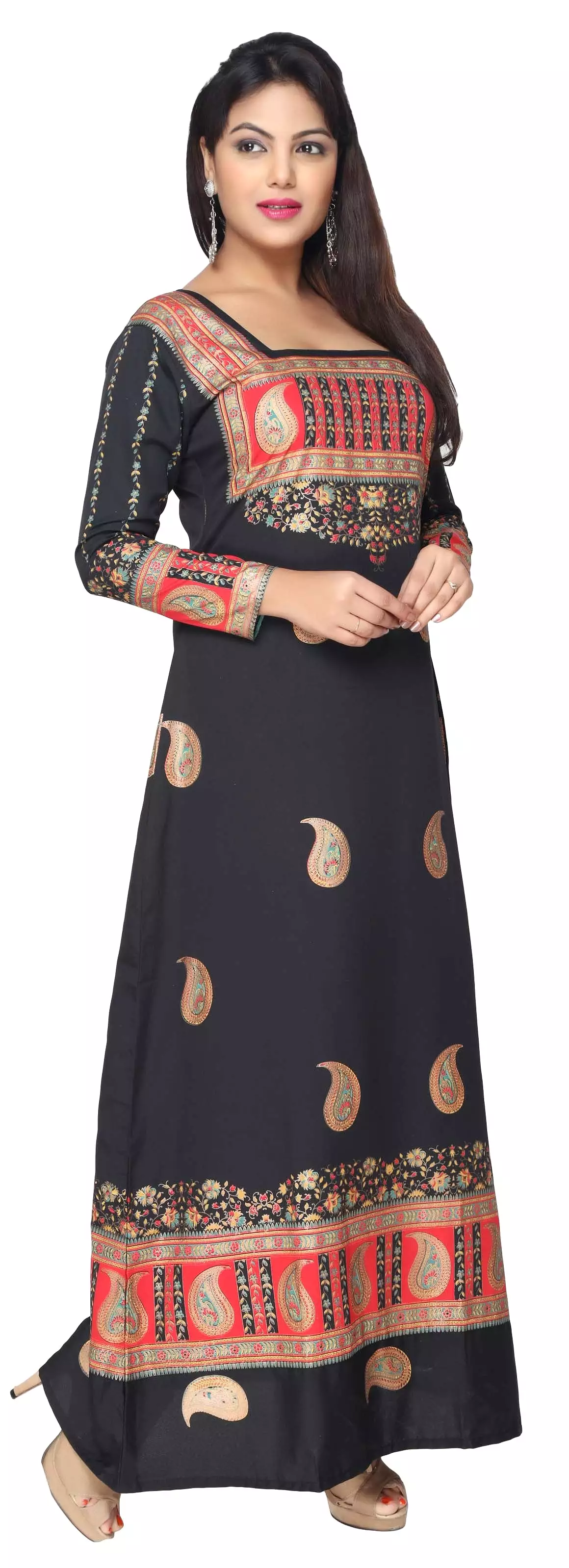 Printed Long Sleeve Kaftan Tunic Long Maxi Dress Women's Abayas (Black)