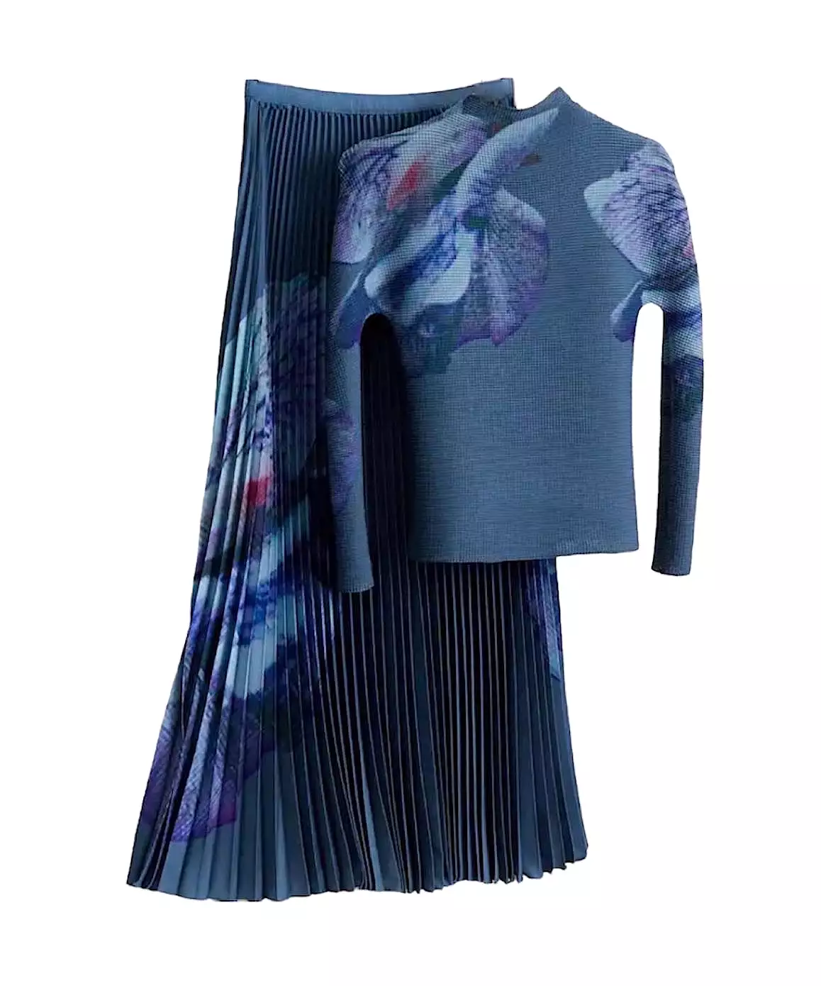 Printed Long Sleeve With Long Skirt Set In Blue