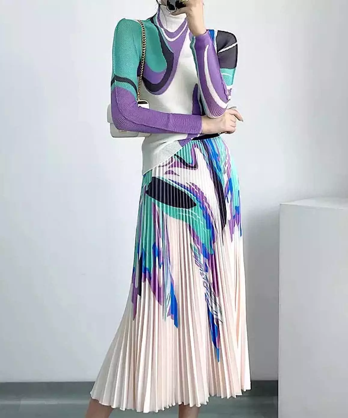 Printed Long Sleeve With Long Skirt Set In Blue