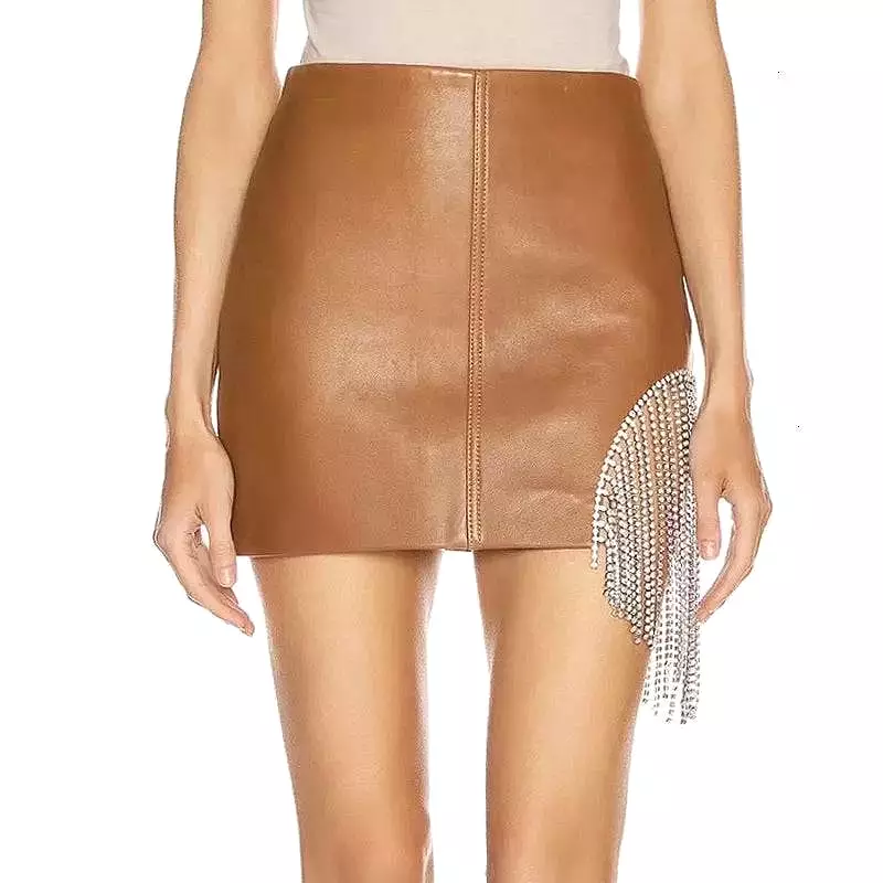 PU Leather Mini Skirt With Crystal Tassels