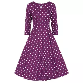 Purple And White Polka Dot 3/4 Sleeve 50s Swing Tea Dress