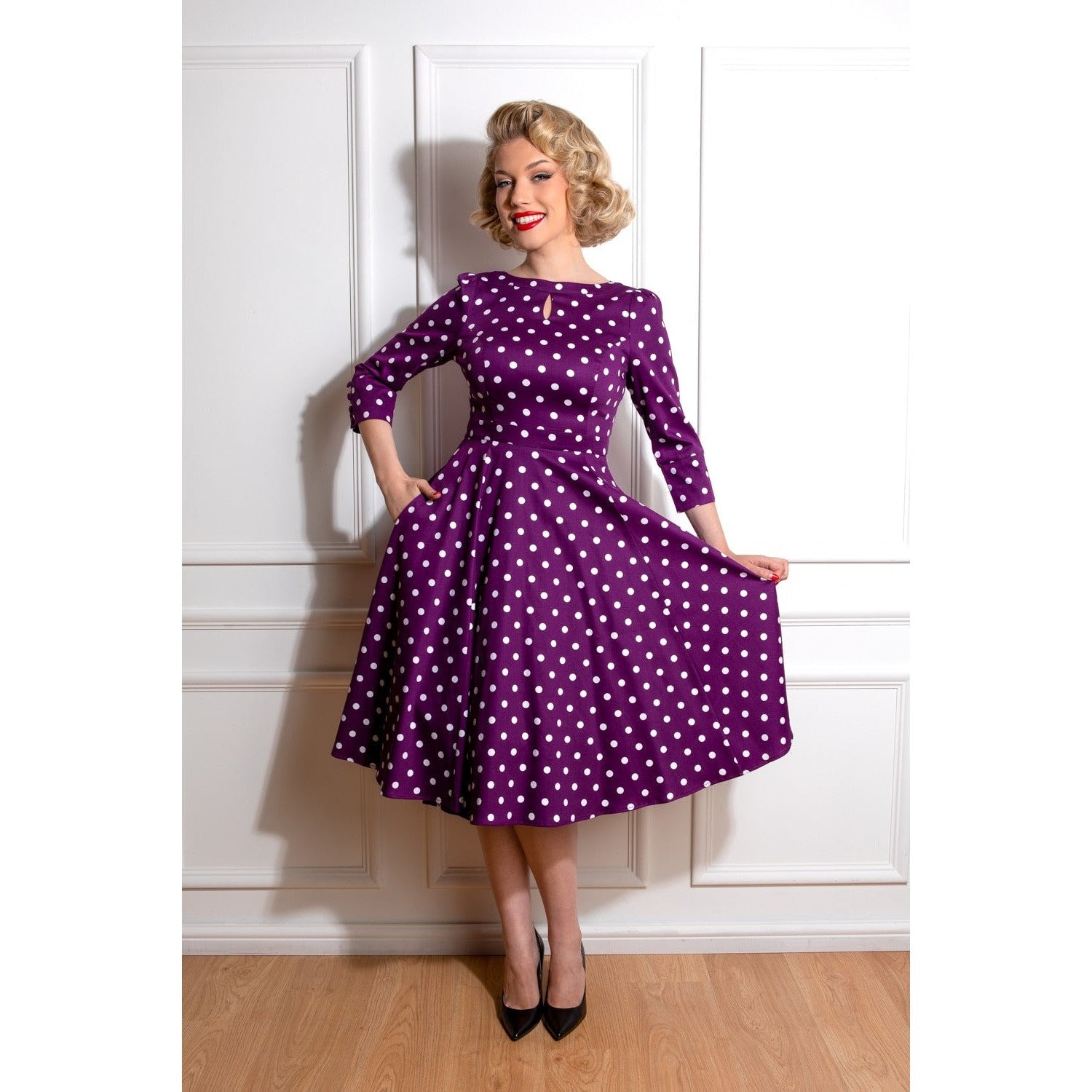 Purple And White Polka Dot 3/4 Sleeve 50s Swing Tea Dress