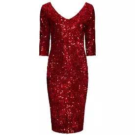 Red 3/4 Sleeve V Neck Velour Sequin Pencil Wiggle Party Dress