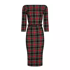 Red And Black Tartan 1/2 Sleeve Belted Bodycon Pencil Dress