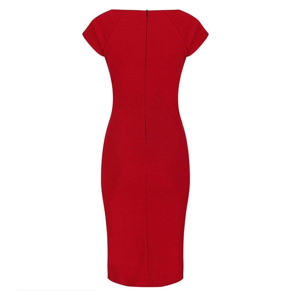 Red Capped Sleeve Ruched Bodycon Pencil Dress