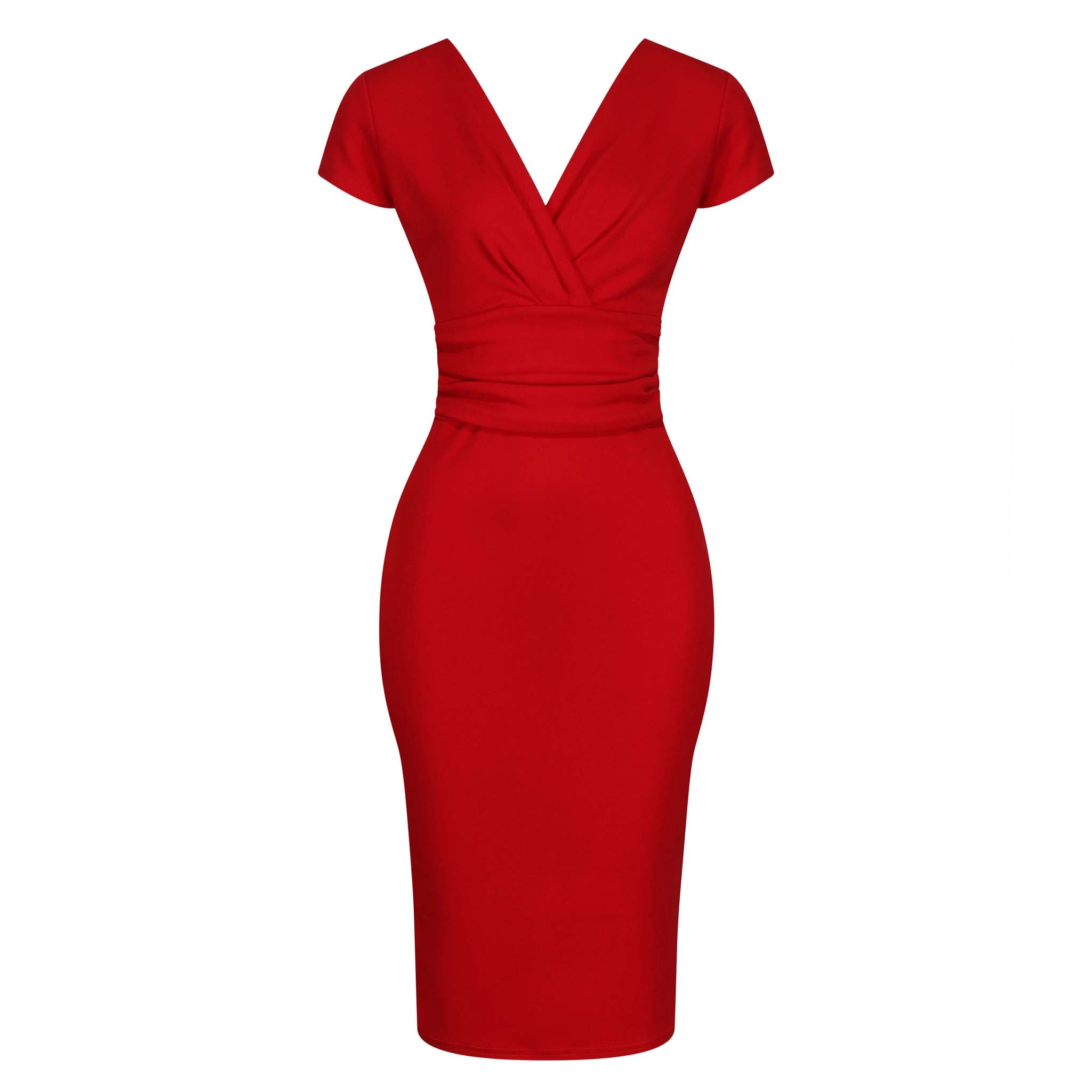 Red Deep V Cap Sleeve Bodycon Ruched Waist Wiggle Dress