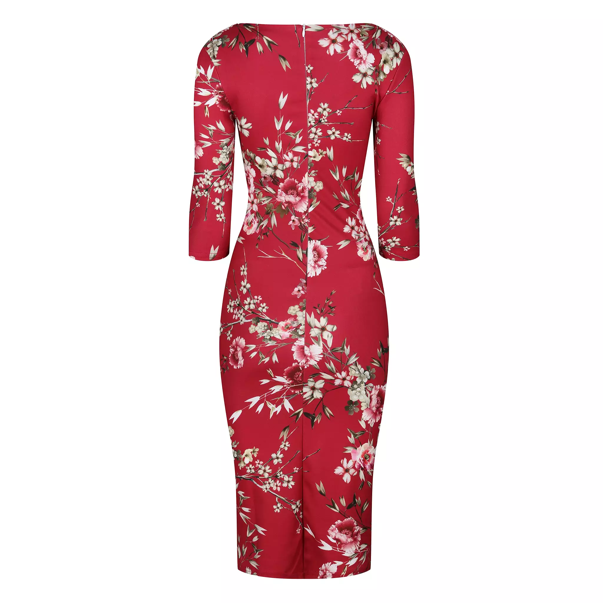 Red Floral 3/4 Sleeve Bodycon Pencil Wiggle Dress