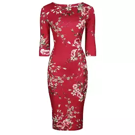 Red Floral 3/4 Sleeve Bodycon Pencil Wiggle Dress