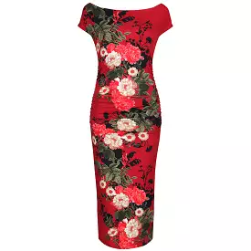 Red Floral Print 40s Style Cap Sleeve Slinky Pencil Wiggle Dress