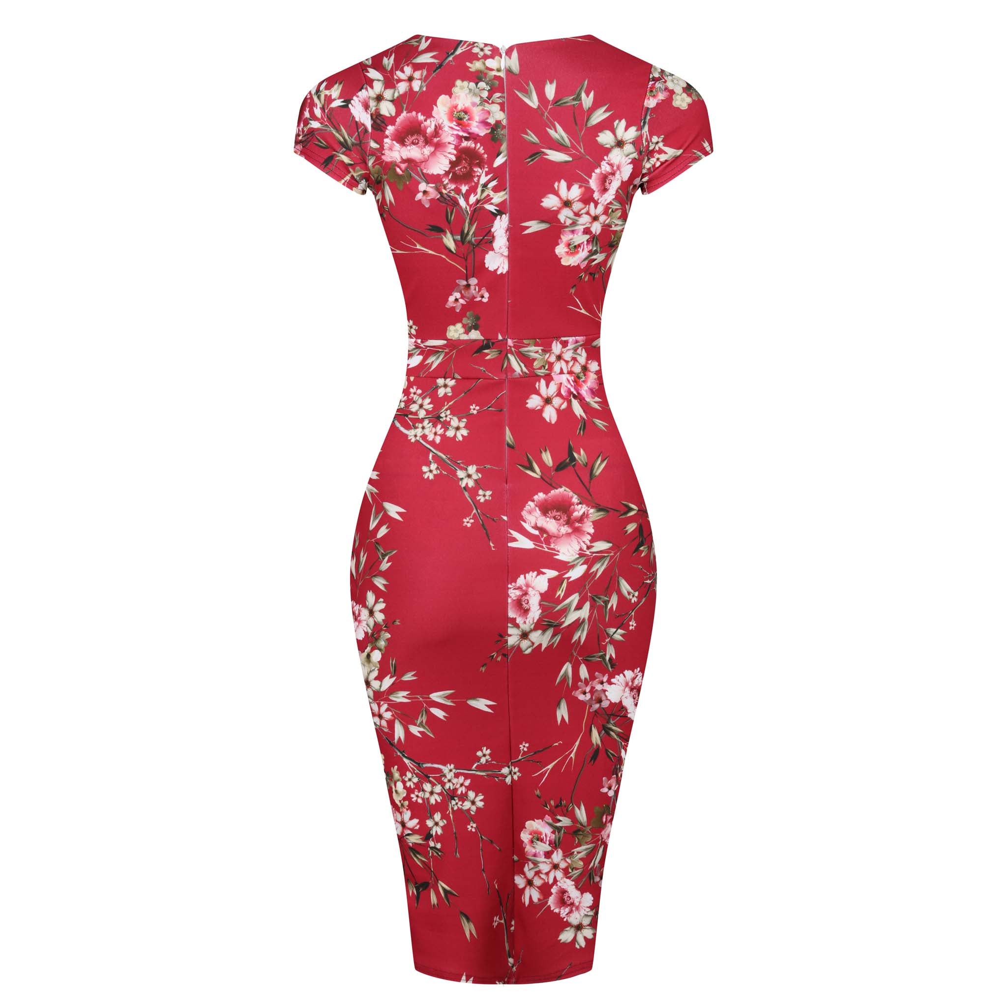 Red Floral Print Crossover Top Cap Sleeve Pencil Dress I