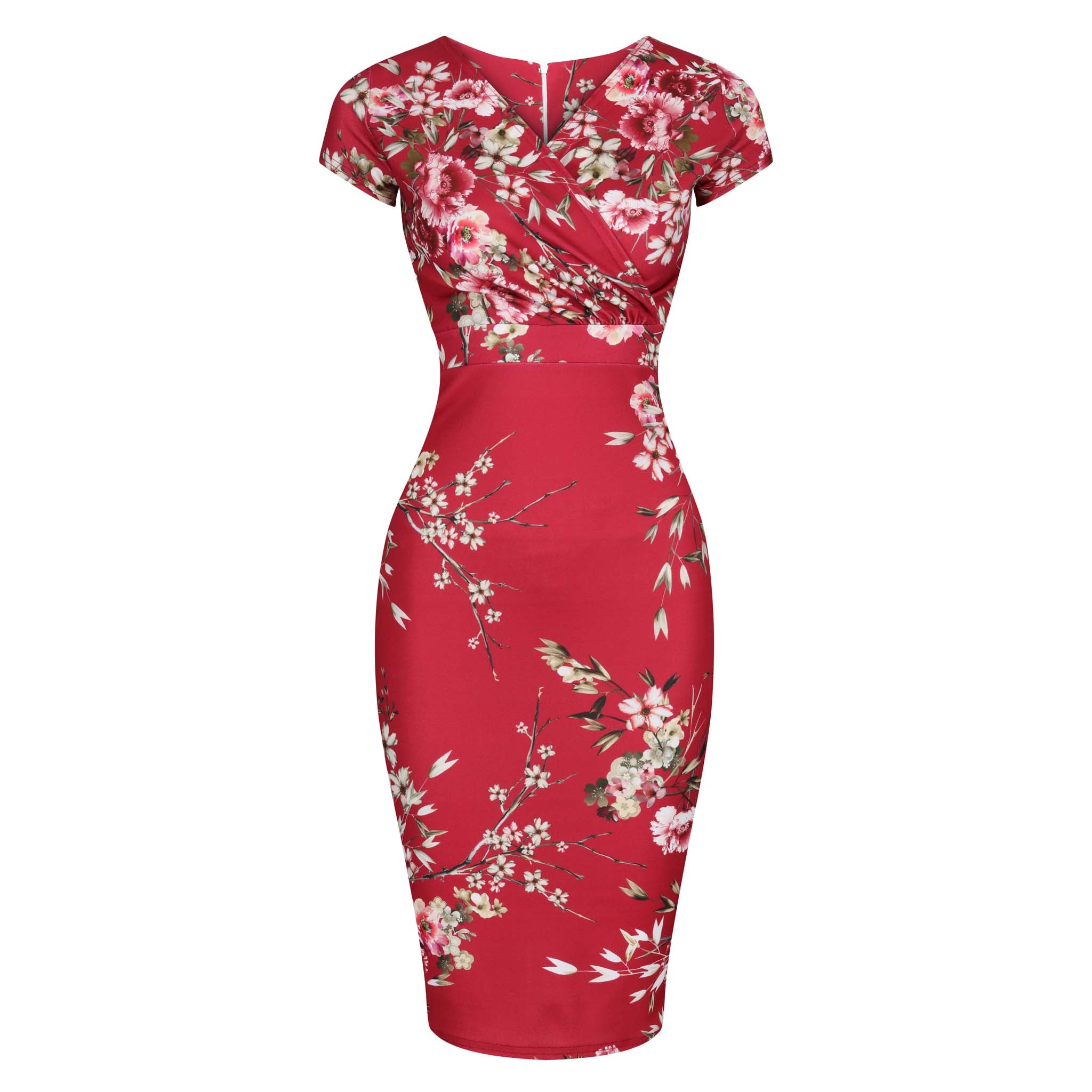 Red Floral Print Crossover Top Cap Sleeve Pencil Dress I