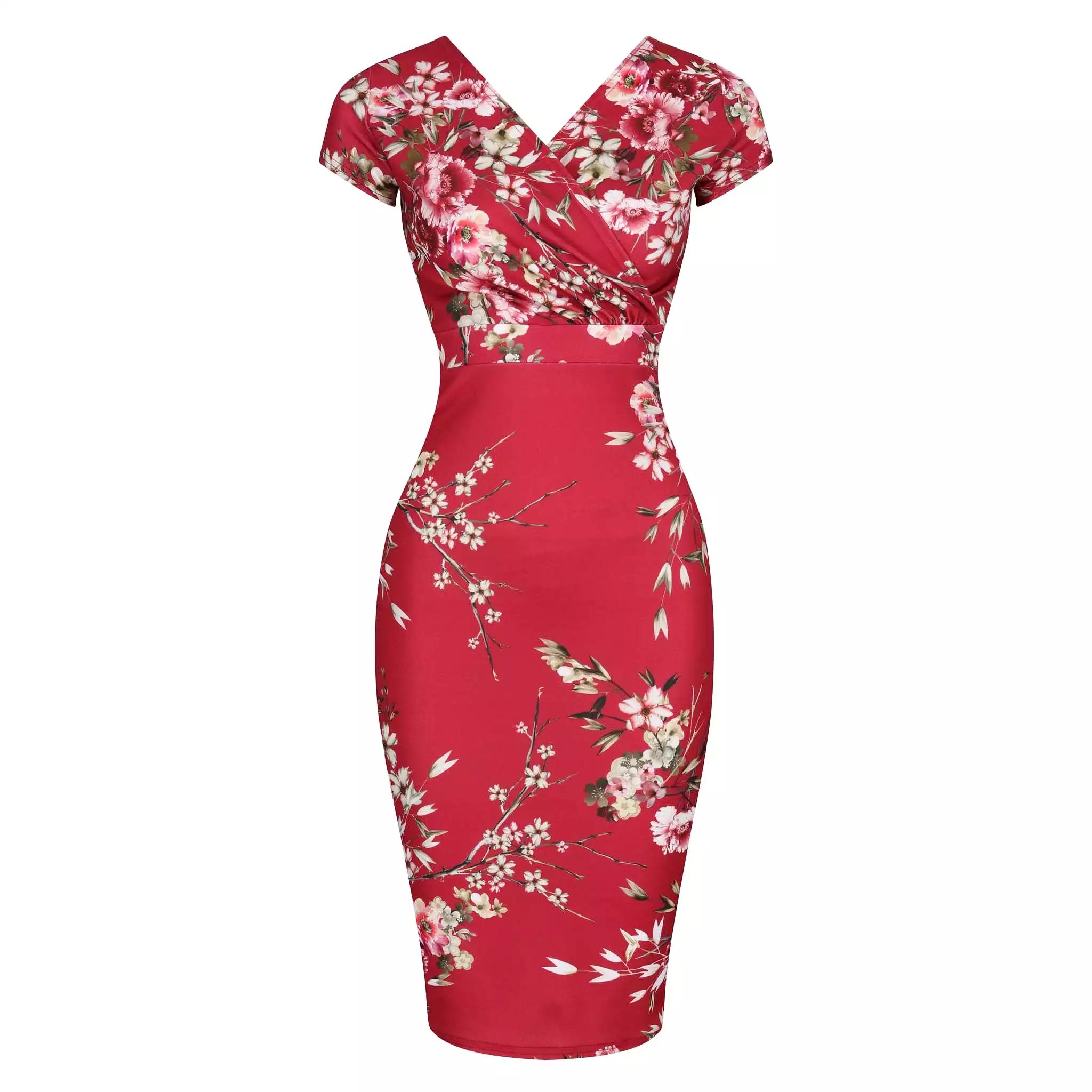 Red Floral Print Crossover Top Cap Sleeve Pencil Dress I