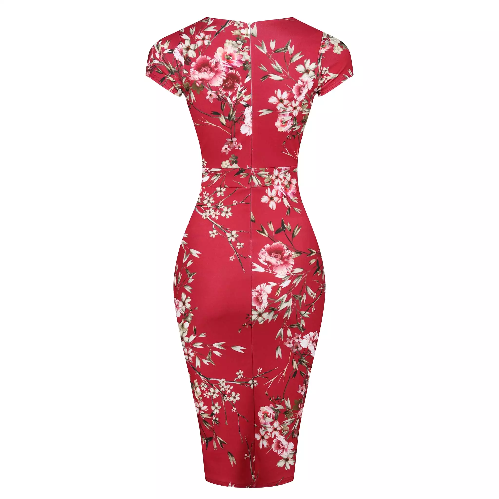 Red Floral Print Crossover Top Cap Sleeve Pencil Dress I