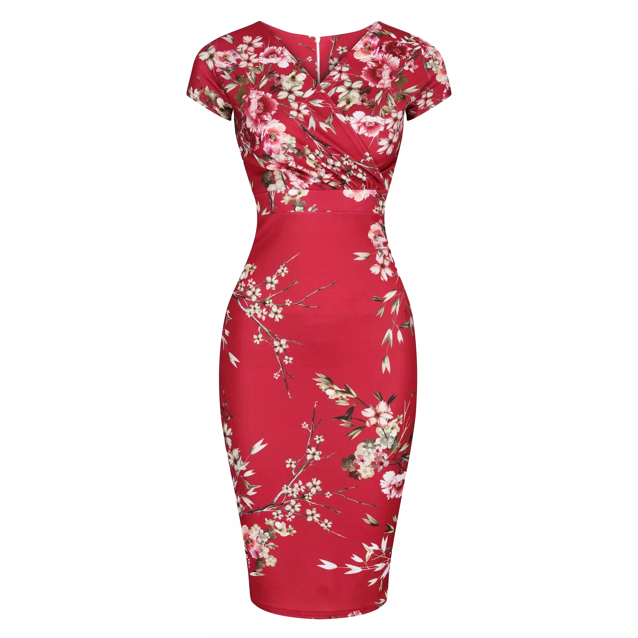 Red Floral Print Crossover Top Cap Sleeve Pencil Dress I