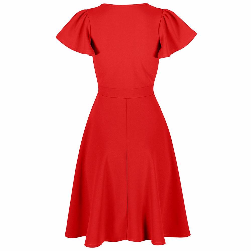 Red Gathered Cap Sleeve Crossover 50s Swing Dress