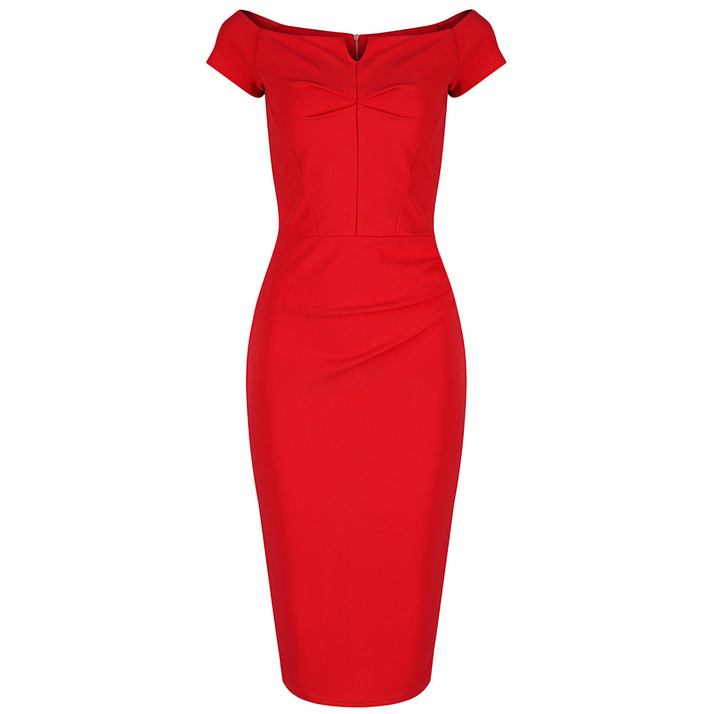 Red Notch Neck Cap Sleeve Bodycon Pencil Dress