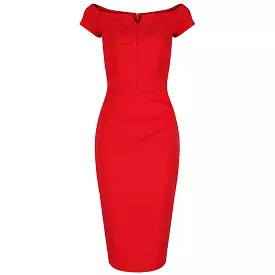 Red Notch Neck Cap Sleeve Bodycon Pencil Dress