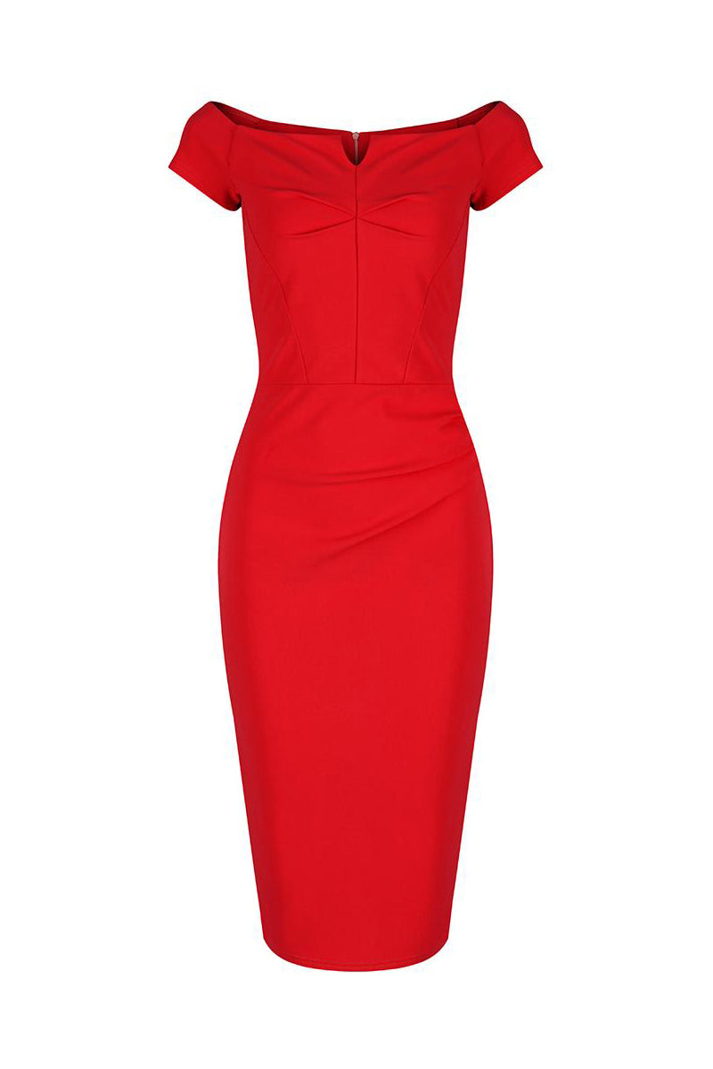 Red Notch Neck Cap Sleeve Bodycon Pencil Dress