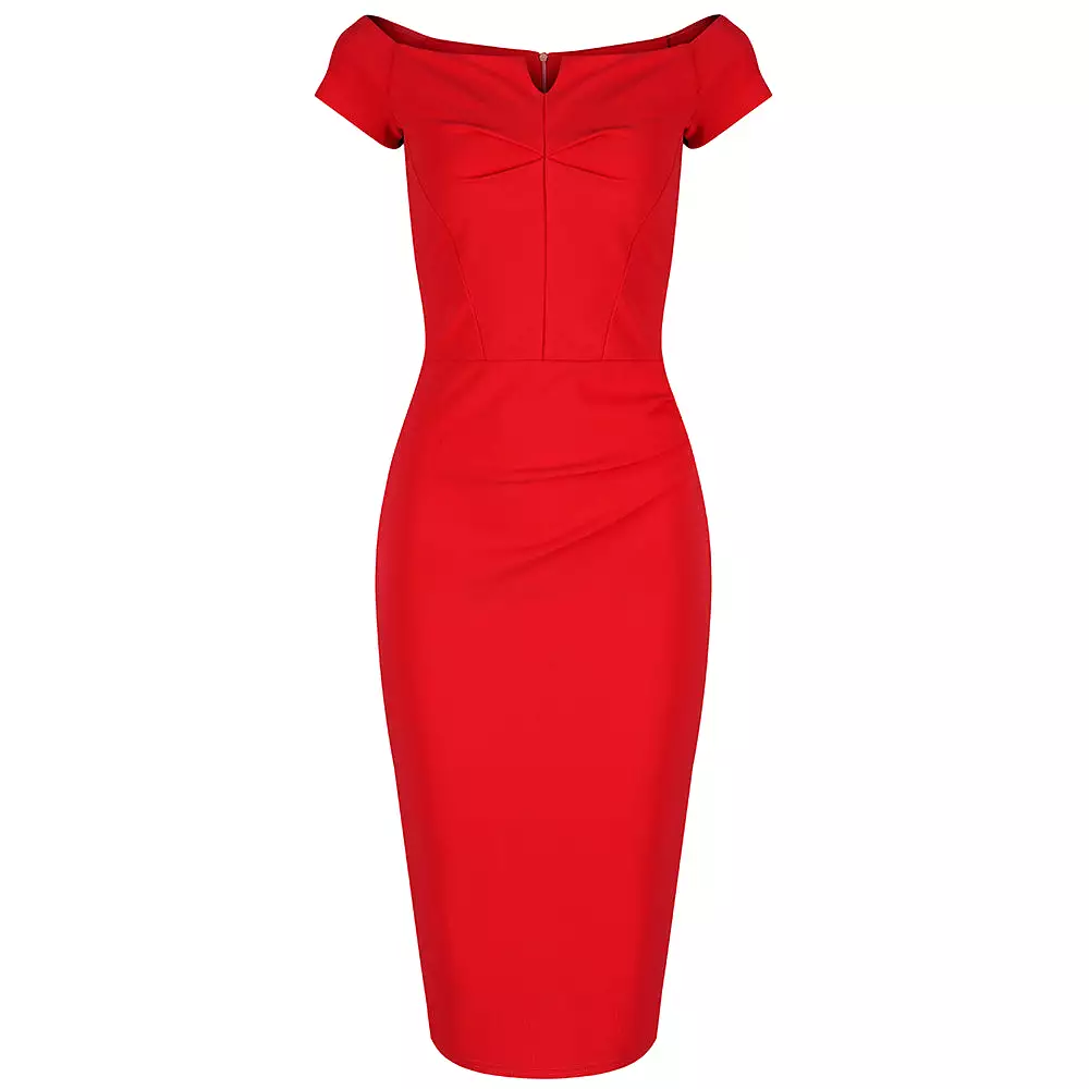 Red Notch Neck Cap Sleeve Bodycon Pencil Dress