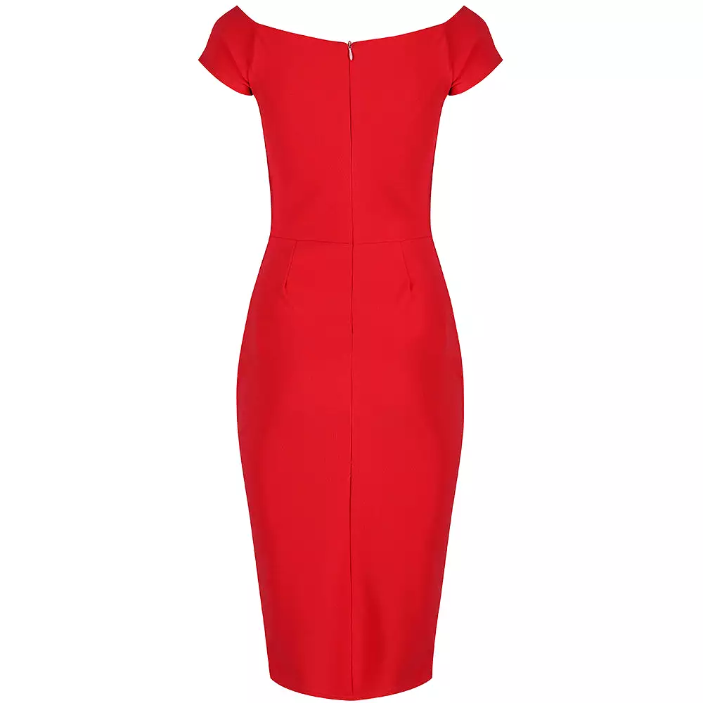 Red Notch Neck Cap Sleeve Bodycon Pencil Dress