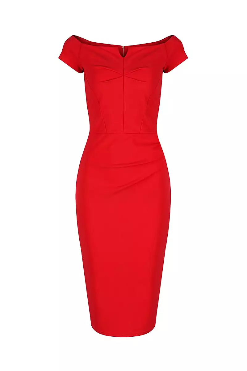 Red Notch Neck Cap Sleeve Bodycon Pencil Dress