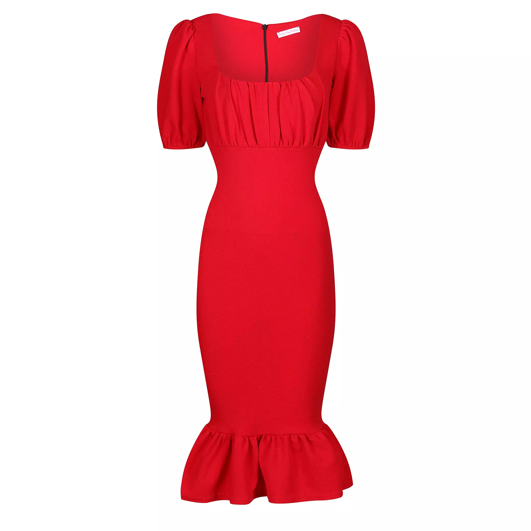 Red Puff Sleeve Square Neckline Ruched Peplum Wiggle Pencil Dress