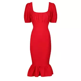 Red Puff Sleeve Square Neckline Ruched Peplum Wiggle Pencil Dress