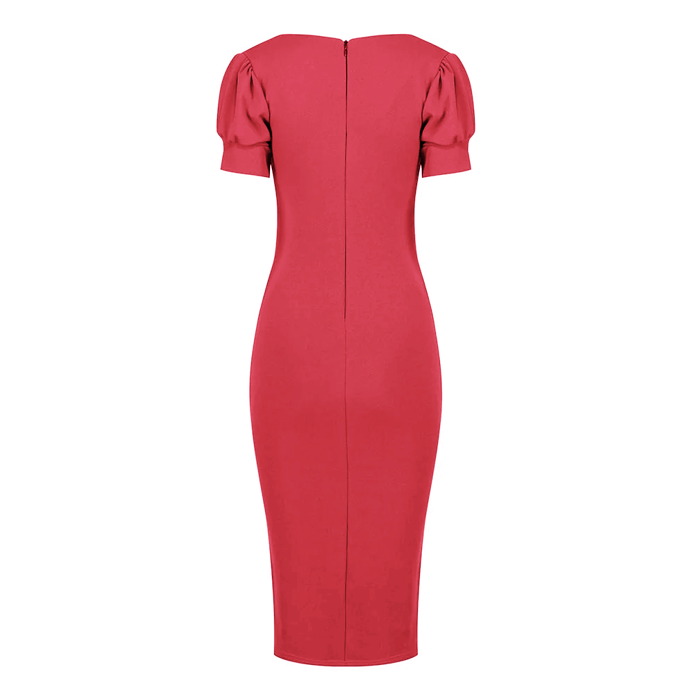 Red Puff Sleeve V Neck Bodycon Pencil Dress