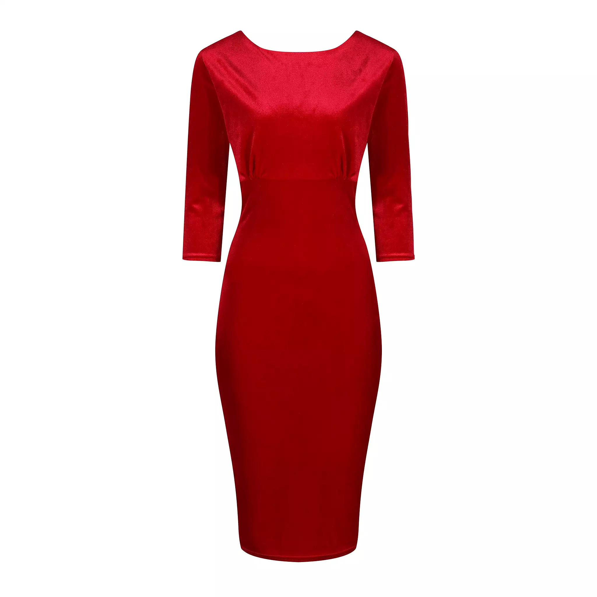 Red Velour Boatneck 3/4 Sleeve Bodycon Gathered Waist Wiggle Dress