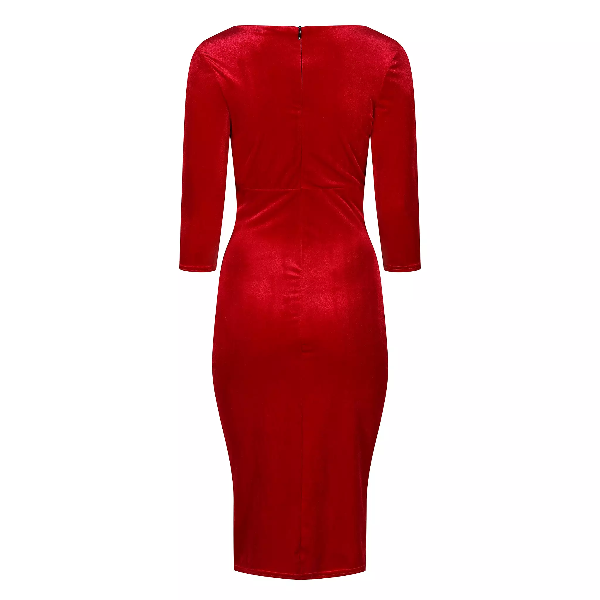 Red Velour Boatneck 3/4 Sleeve Bodycon Gathered Waist Wiggle Dress