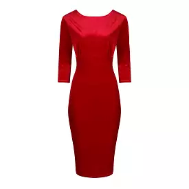 Red Velour Boatneck 3/4 Sleeve Bodycon Gathered Waist Wiggle Dress