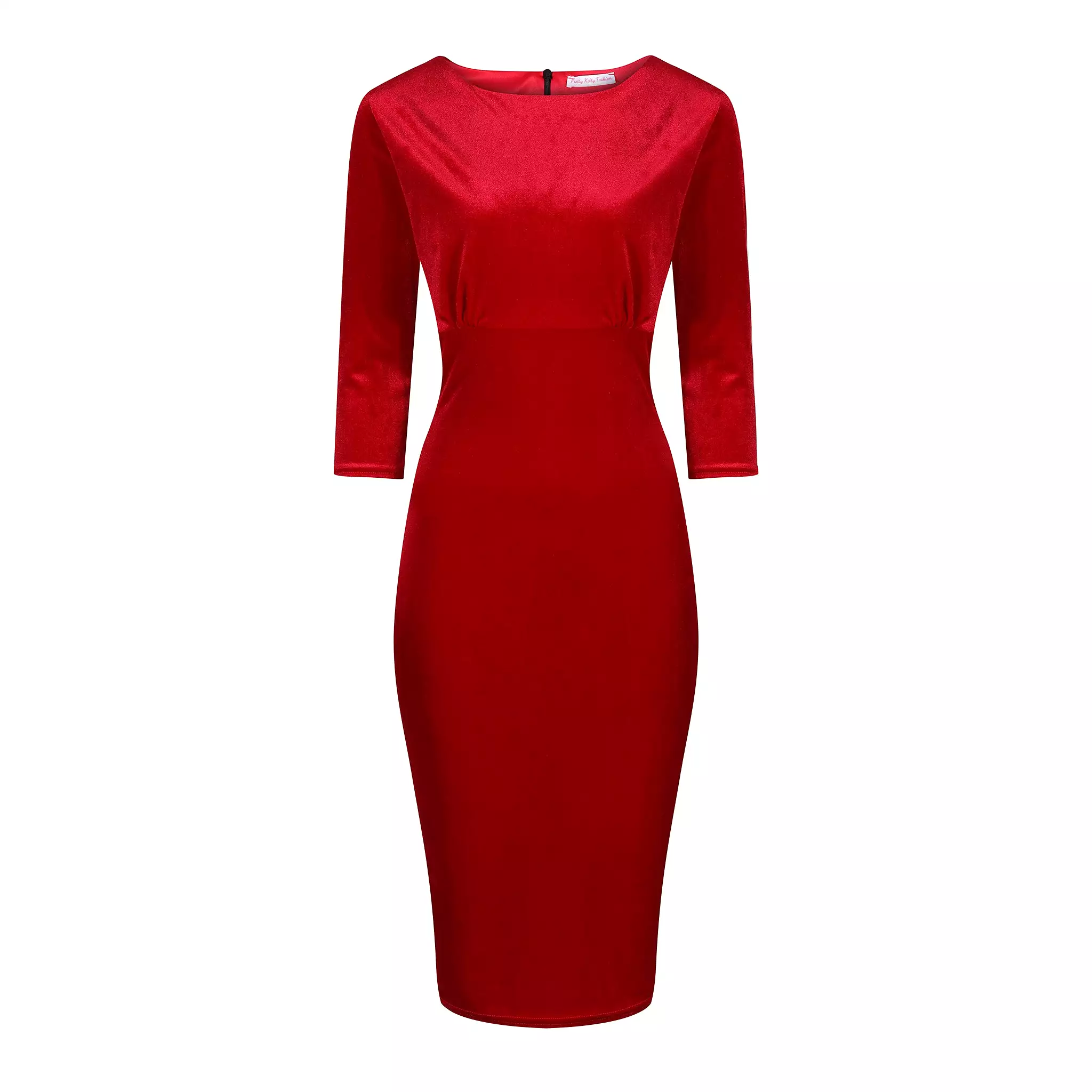 Red Velour Boatneck 3/4 Sleeve Bodycon Gathered Waist Wiggle Dress