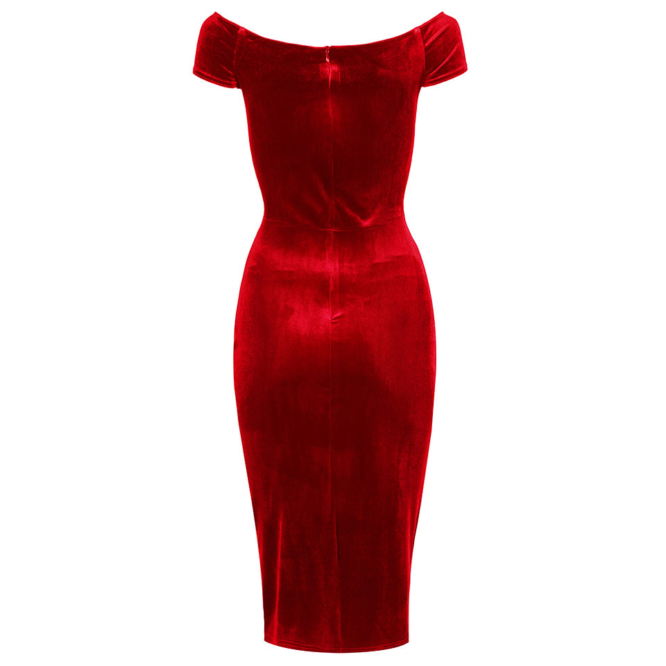 Red Velour Cap Sleeve Crossover Top Bardot Wiggle Dress