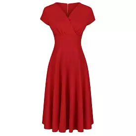 Red Vintage A Line Crossover Capped Sleeve Tea Swing Dress