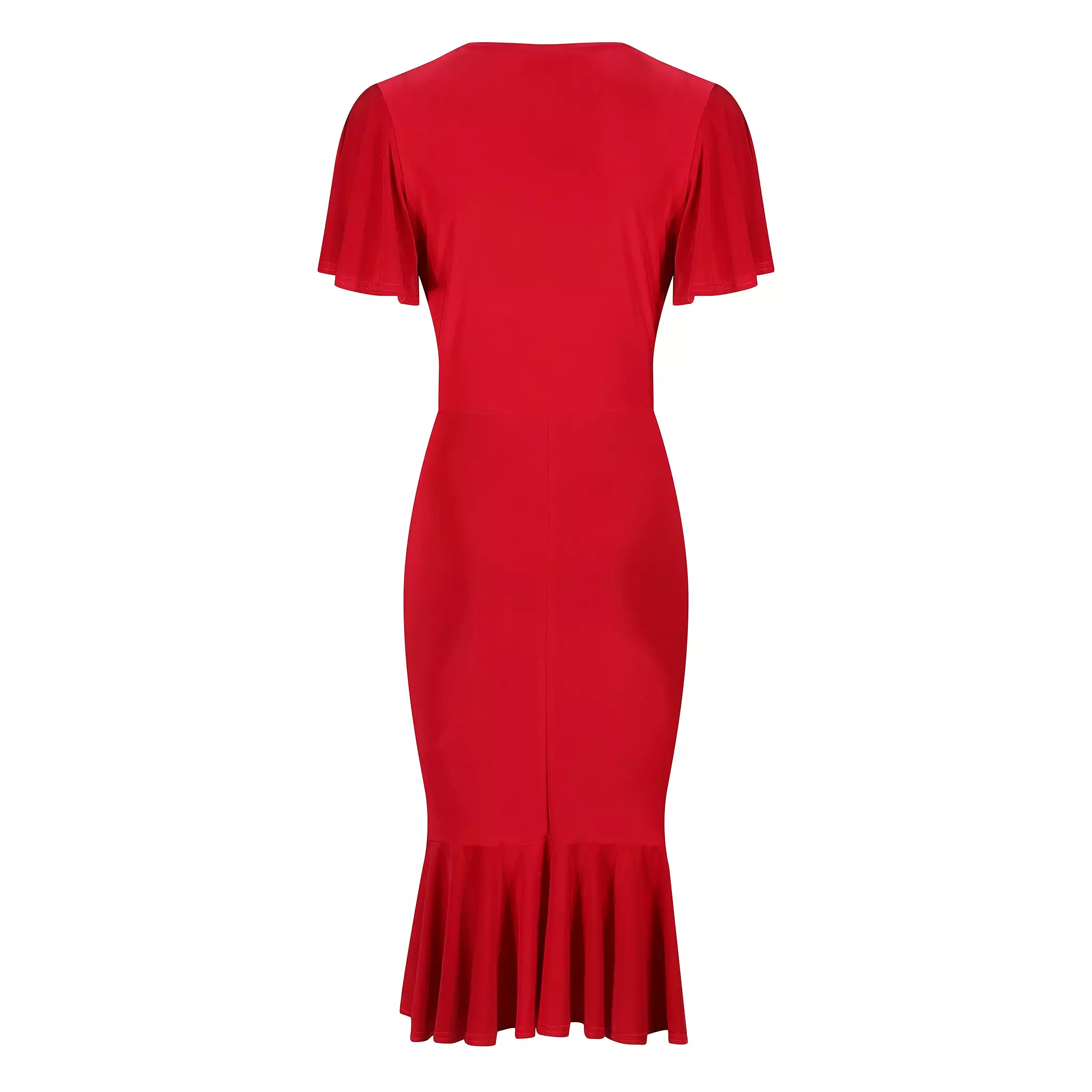 Red Waterfall Sleeve Tie Bust Peplum Hem Wiggle Dress