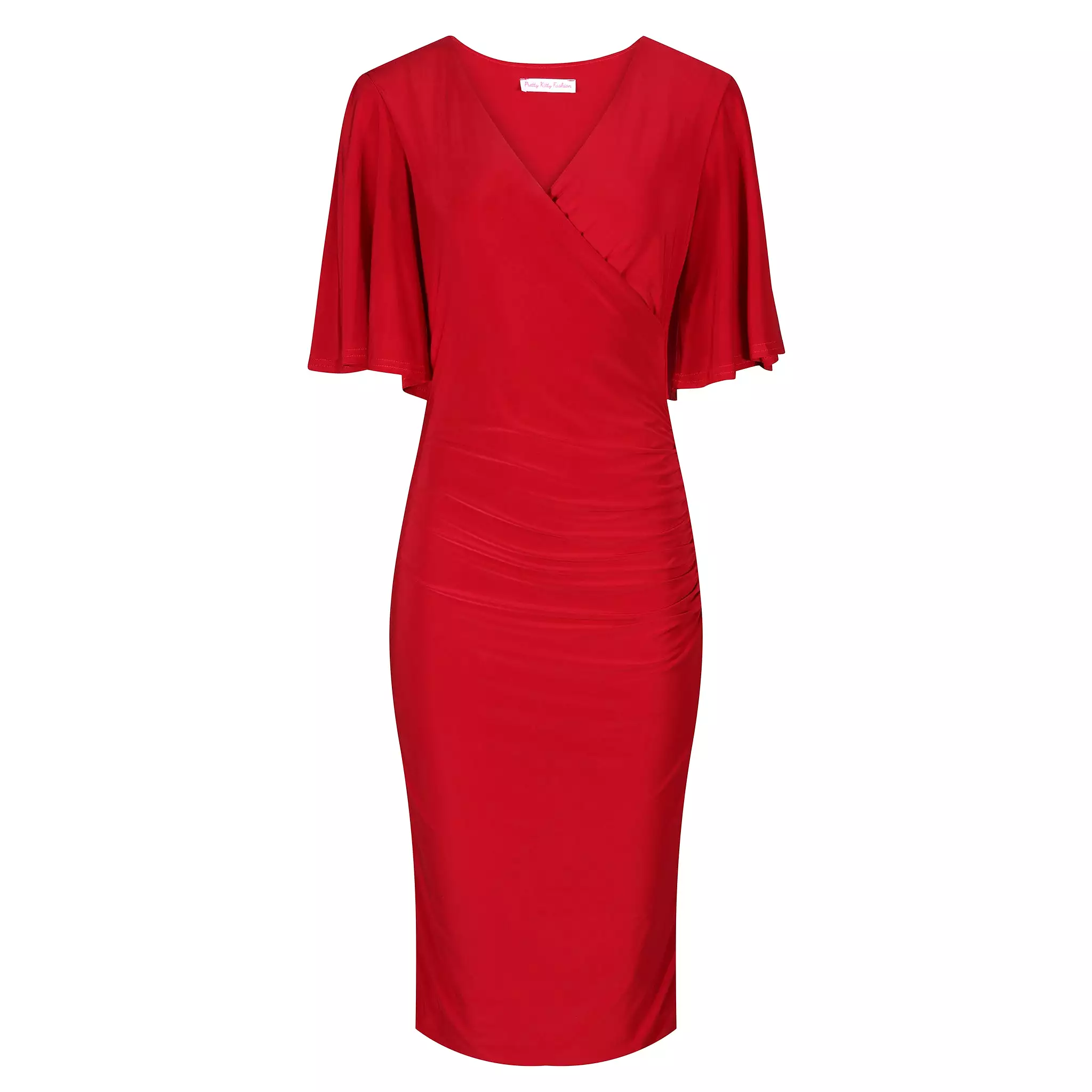 Red Wrap Top Slinky Cocktail Wiggle Dress w/ Butterfly Sleeves