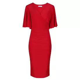 Red Wrap Top Slinky Cocktail Wiggle Dress w/ Butterfly Sleeves