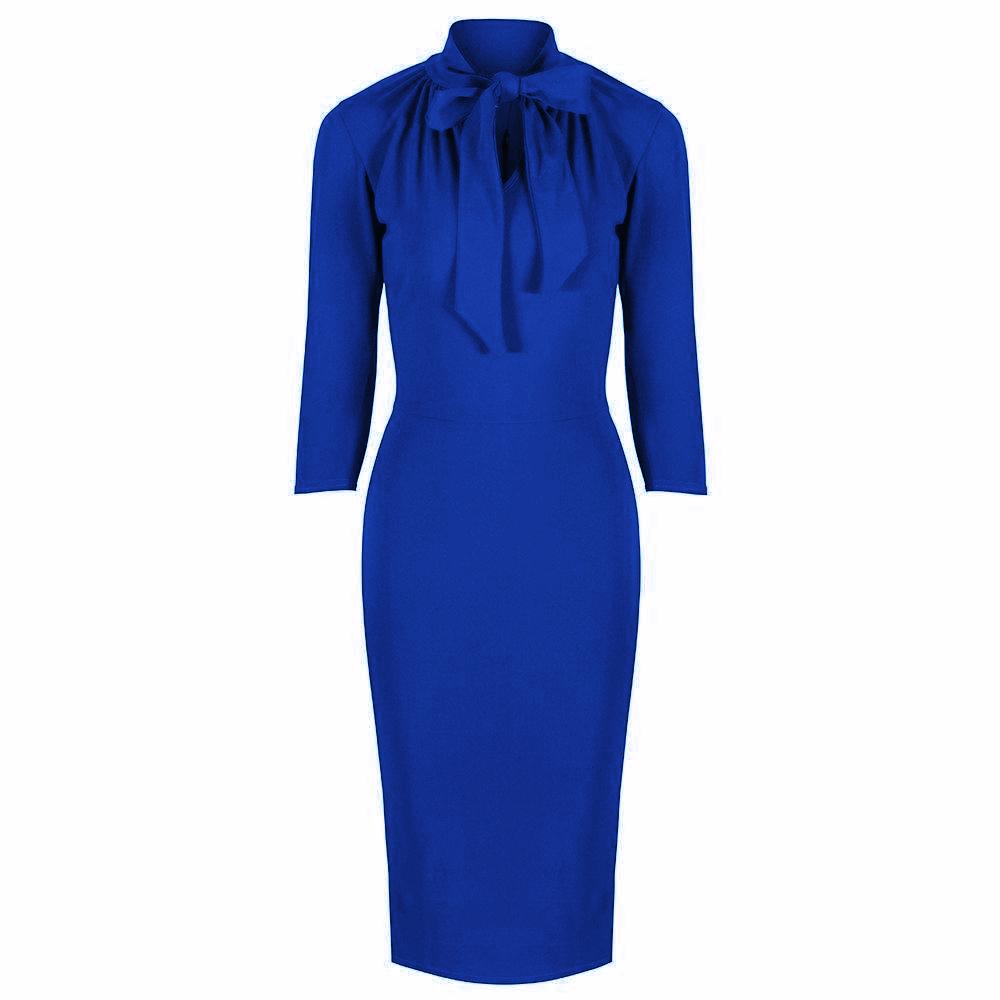 Royal Blue 3/4 Sleeve Tie Neck Bodycon Pencil Dress