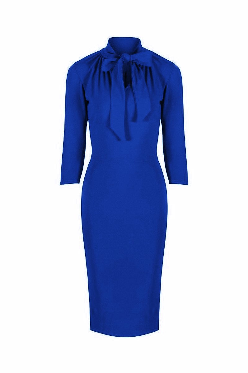 Royal Blue 3/4 Sleeve Tie Neck Bodycon Pencil Dress