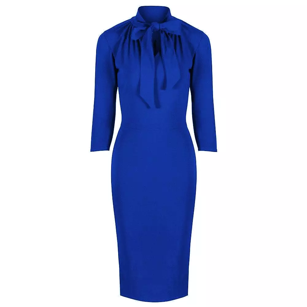 Royal Blue 3/4 Sleeve Tie Neck Bodycon Pencil Dress