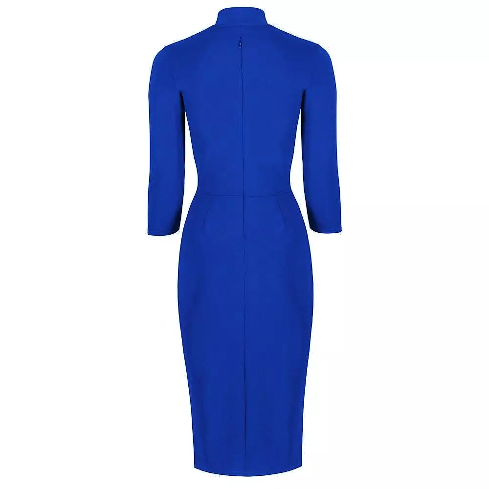 Royal Blue 3/4 Sleeve Tie Neck Bodycon Pencil Dress