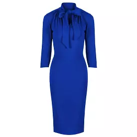 Royal Blue 3/4 Sleeve Tie Neck Bodycon Pencil Dress