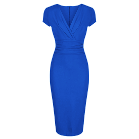 Royal Blue Deep V Cap Sleeve Bodycon Ruched Waist Wiggle Dress