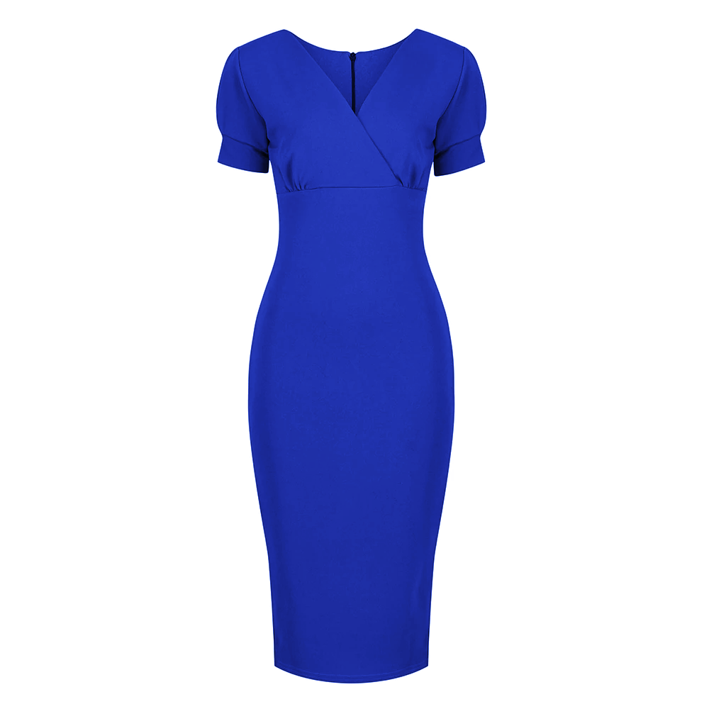 Royal Blue Puff Sleeve V Neck Bodycon Pencil Dress