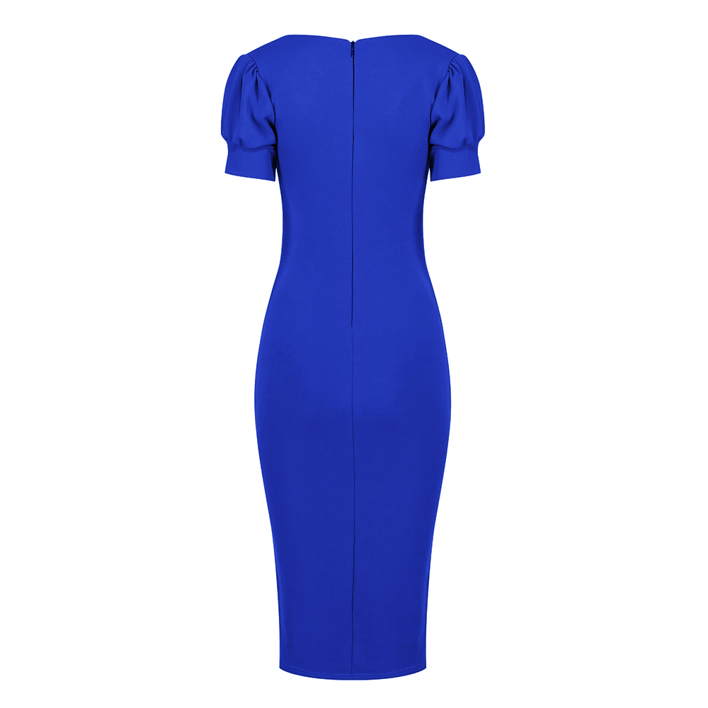 Royal Blue Puff Sleeve V Neck Bodycon Pencil Dress