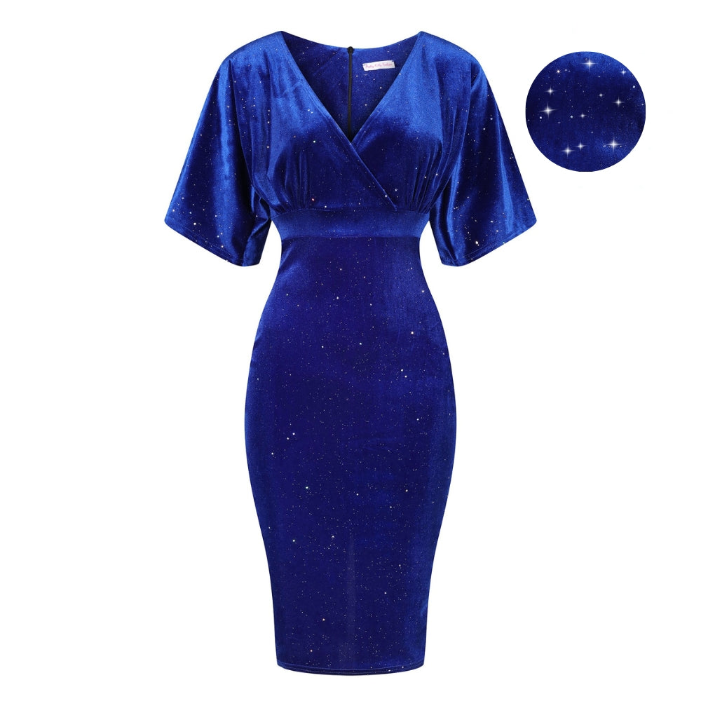 Royal Blue Velour Glitter Sparkle Half Batwing Sleeve Crossover Top Wiggle Dress