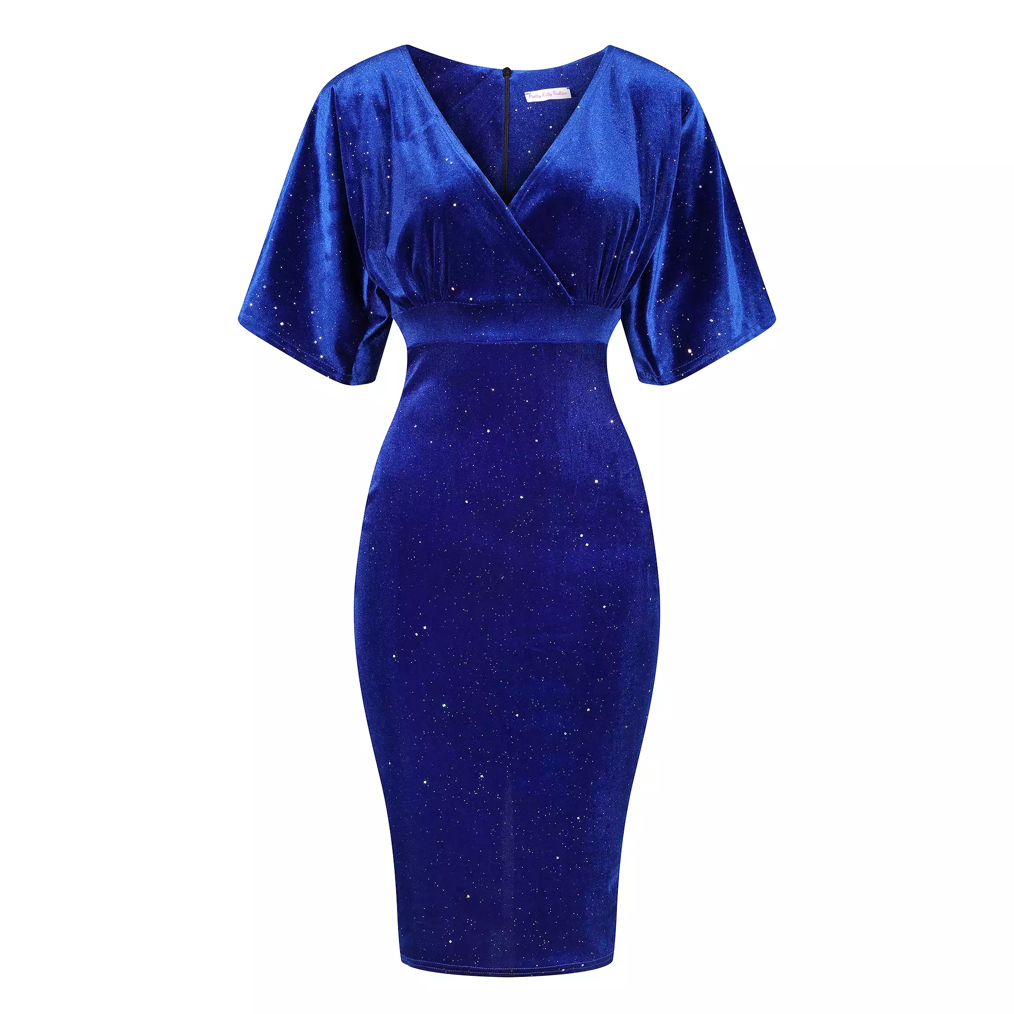 Royal Blue Velour Glitter Sparkle Half Batwing Sleeve Crossover Top Wiggle Dress