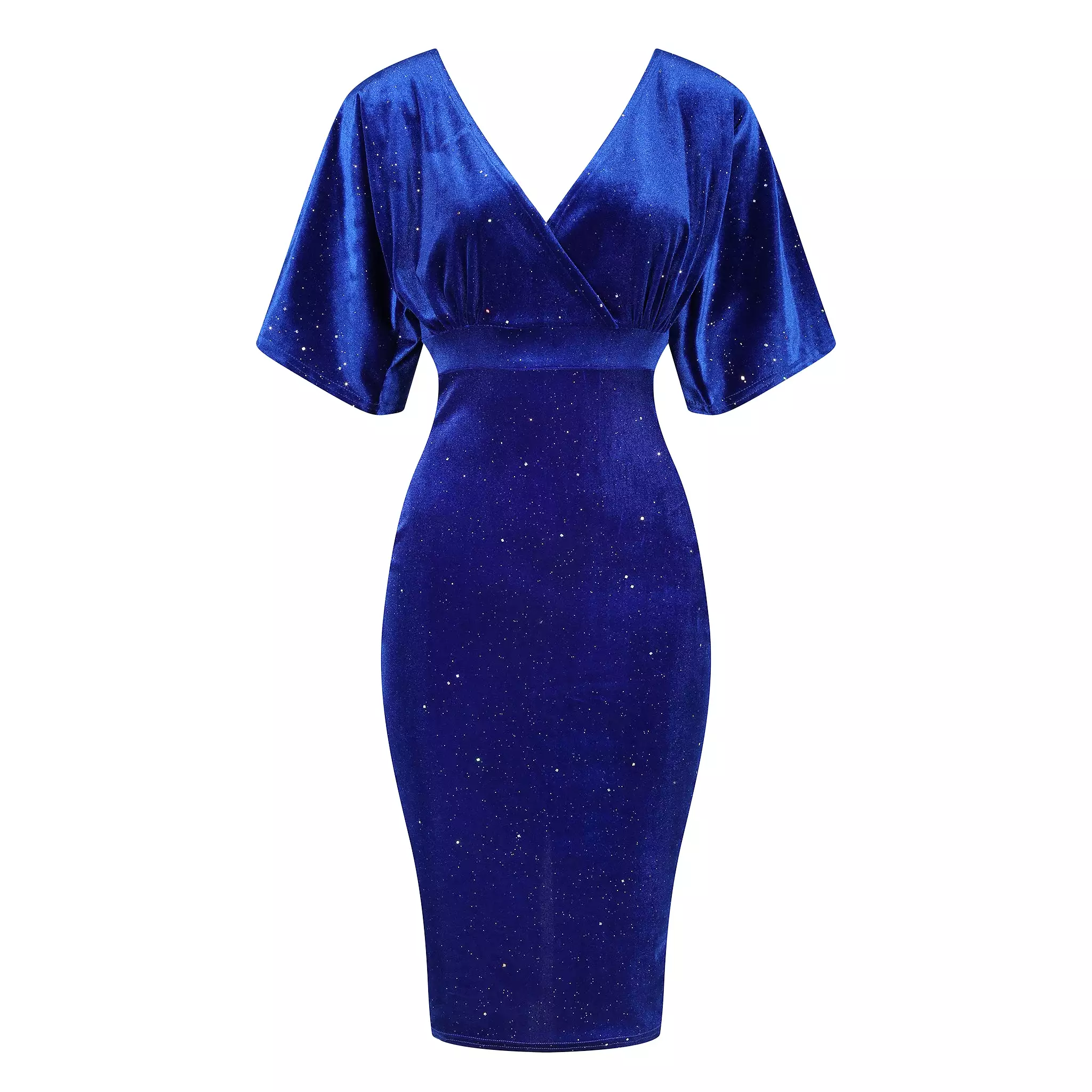 Royal Blue Velour Glitter Sparkle Half Batwing Sleeve Crossover Top Wiggle Dress